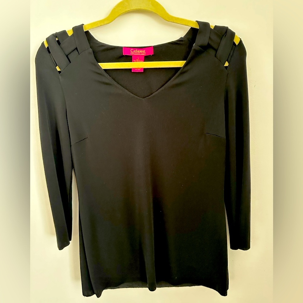Beautiful, classy black top with open-weave shoulder detail
